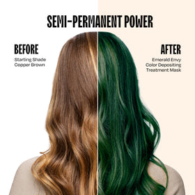 oVertone Emerald Envy application on hair demonstrates quick 10–15 minute color deposit.