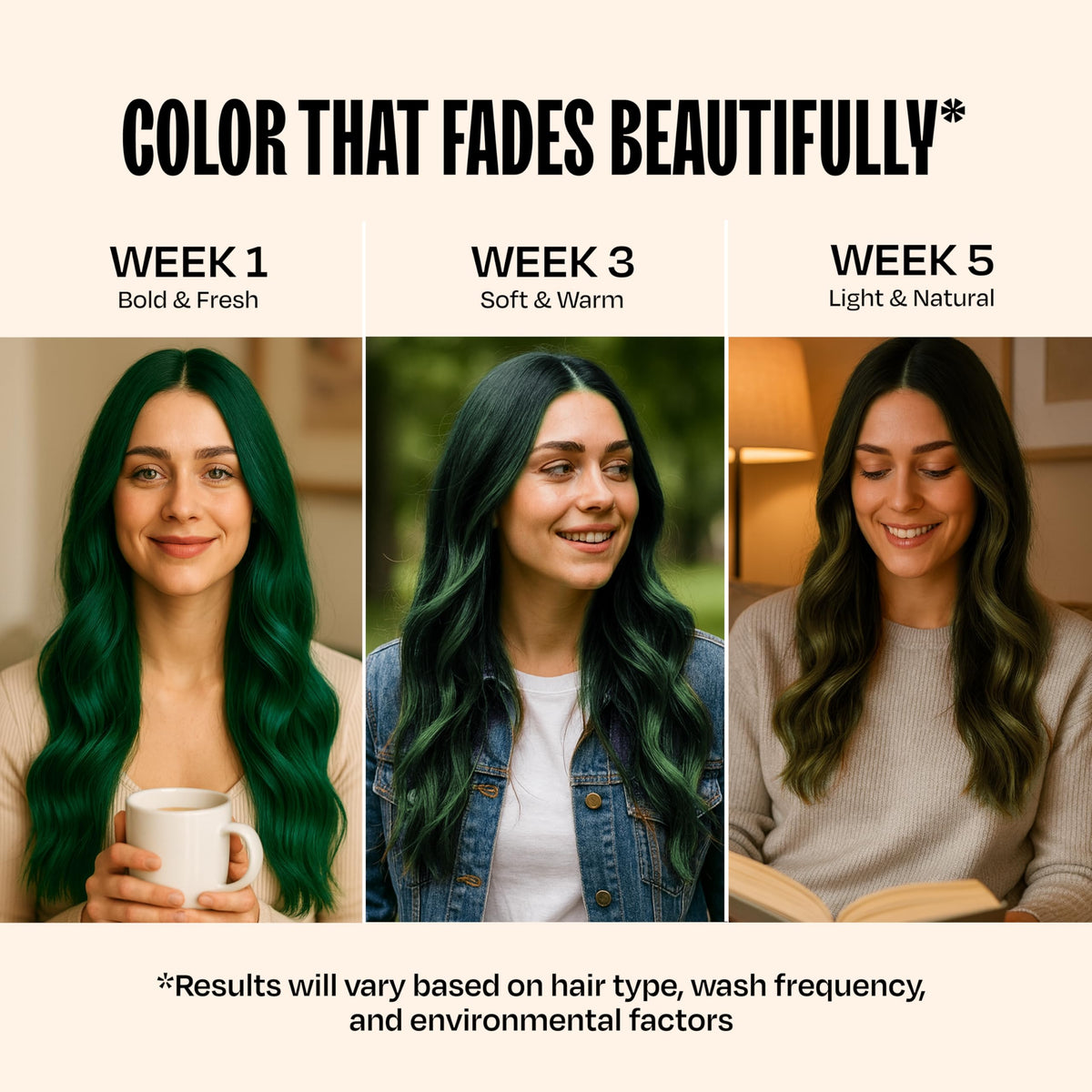 oVertone Emerald Envy hair shine after color deposit with nourishing oils.