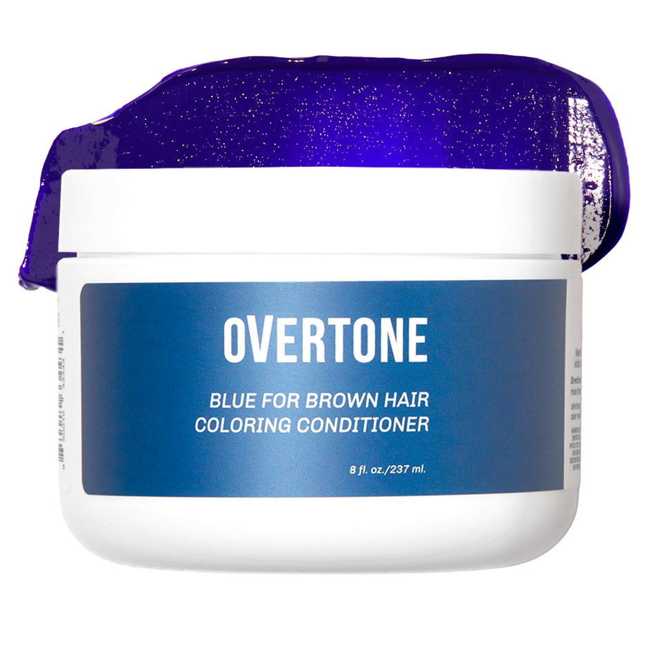 Overtone Indigo Iris color conditioner bottle pouring for at-home color refresh