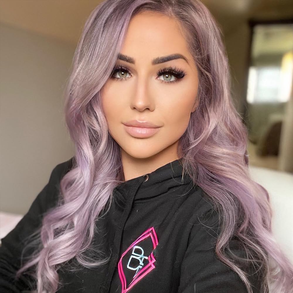 Close-up shows rich Lilac Lotus hue on hair.
