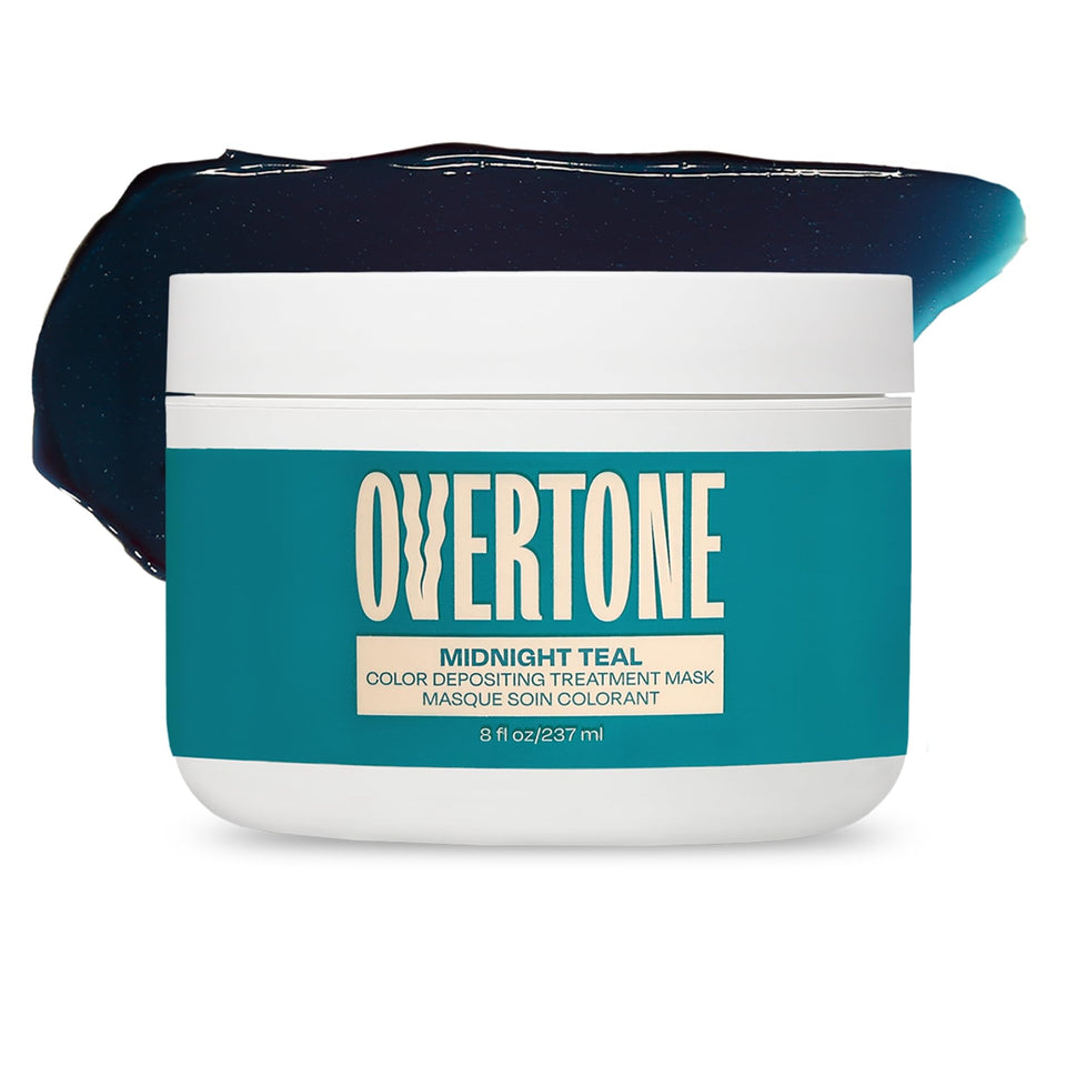 oVertone Midnight Teal bottle pour demonstrates at-home color prep and bold payoff.
