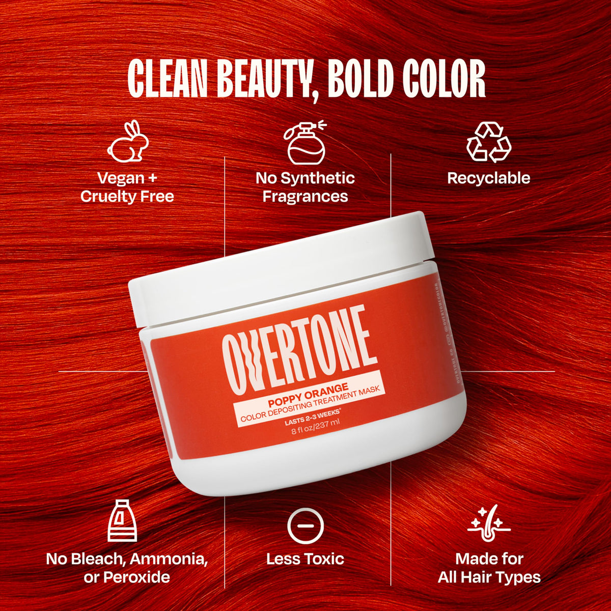 Overtone Poppy Orange color deposit on hair strands for semi-permanent result