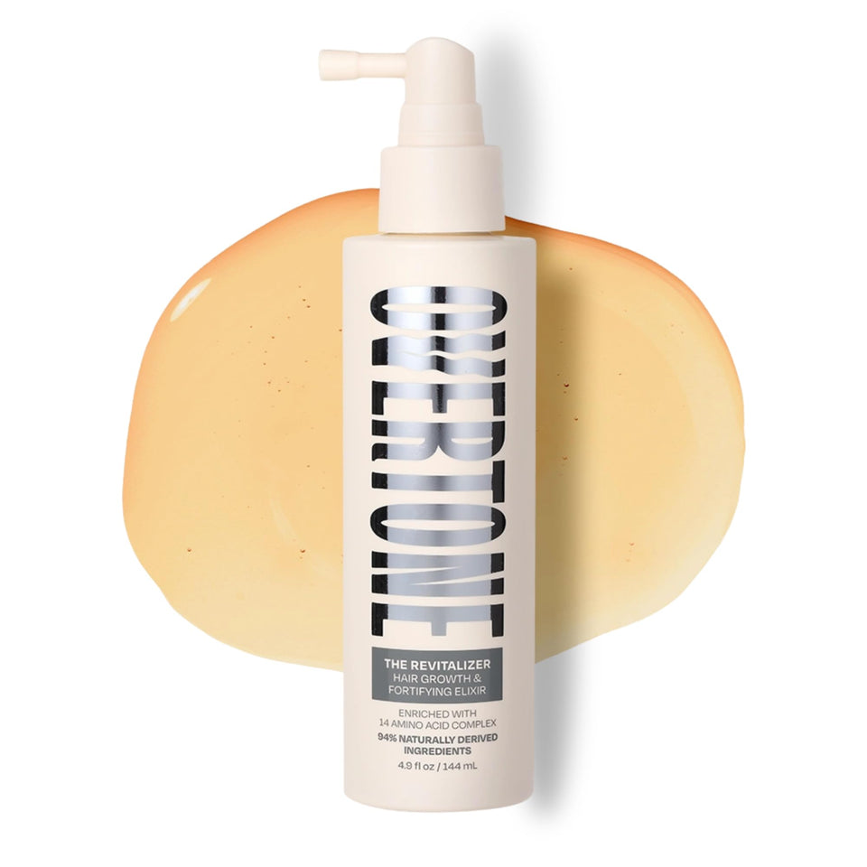 Overtone Revitalizer bottle close-up highlighting nourishing formula for healthier hair
