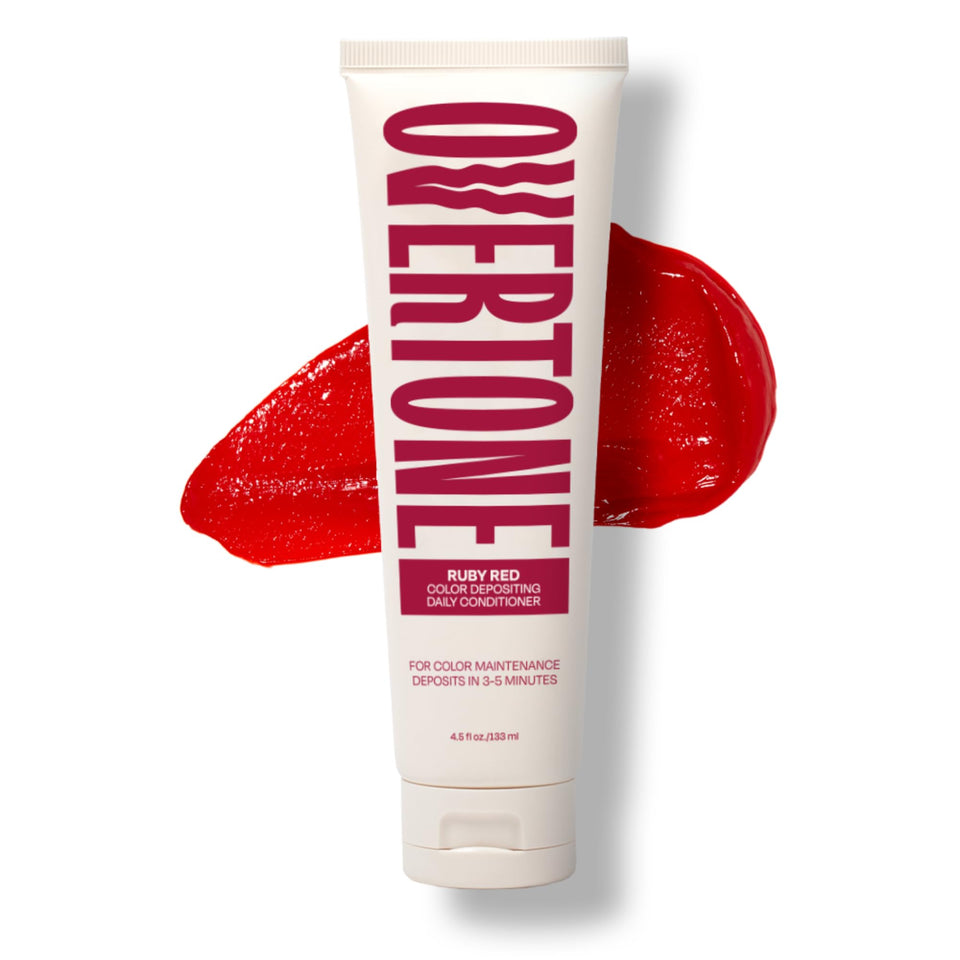 Overtone Ruby Red color depositing conditioner bottle on shower shelf for a vibrant refresh.