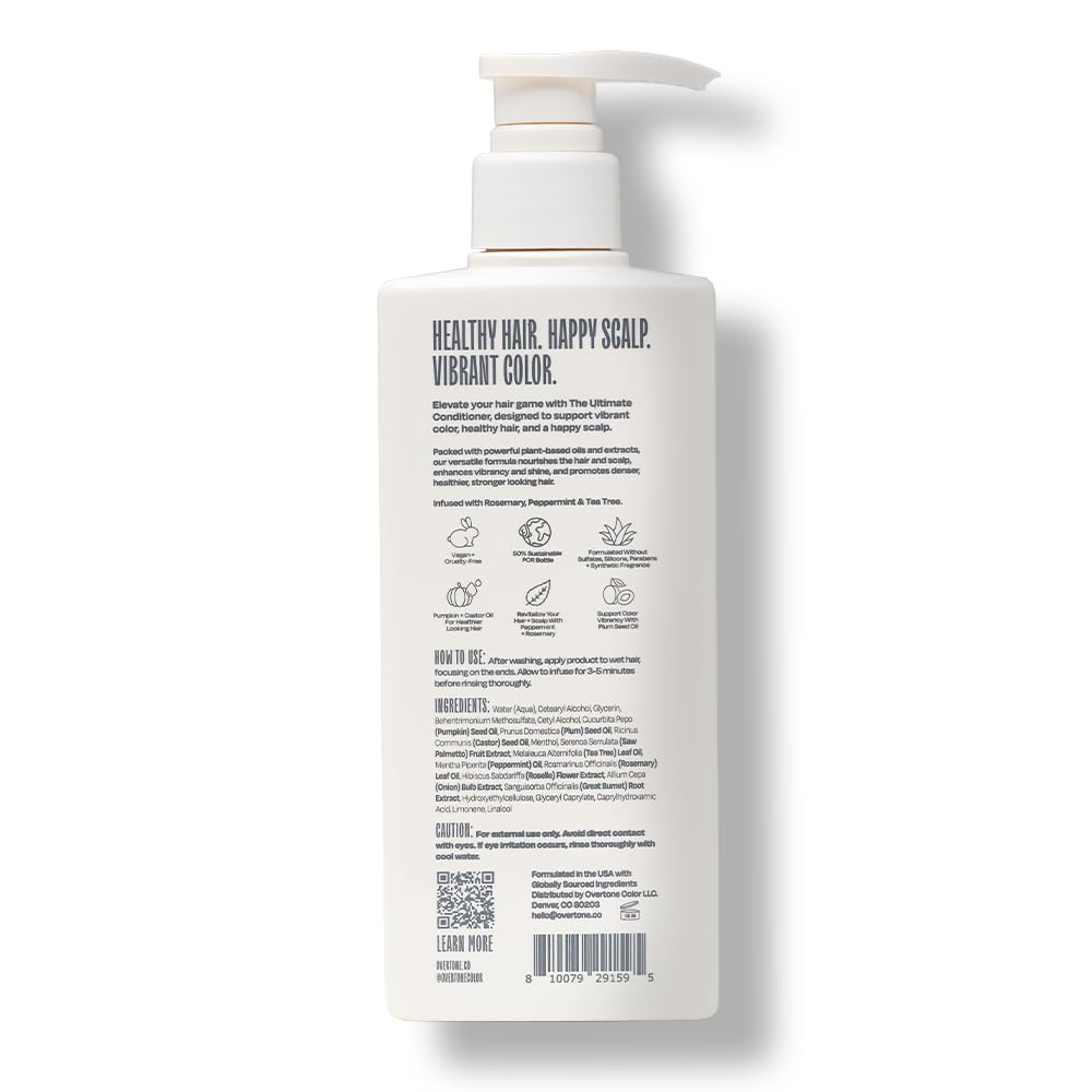 Overtone Ultimate Conditioner bottle back highlights vegan ingredients and cruelty-free formula