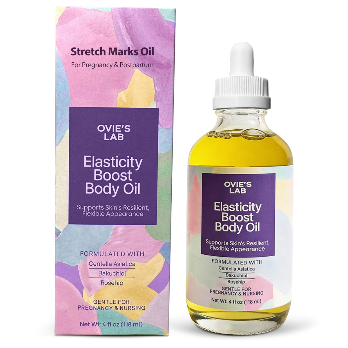 Ovie's Lab belly oil bottle closeup for daily pregnancy skin hydration.