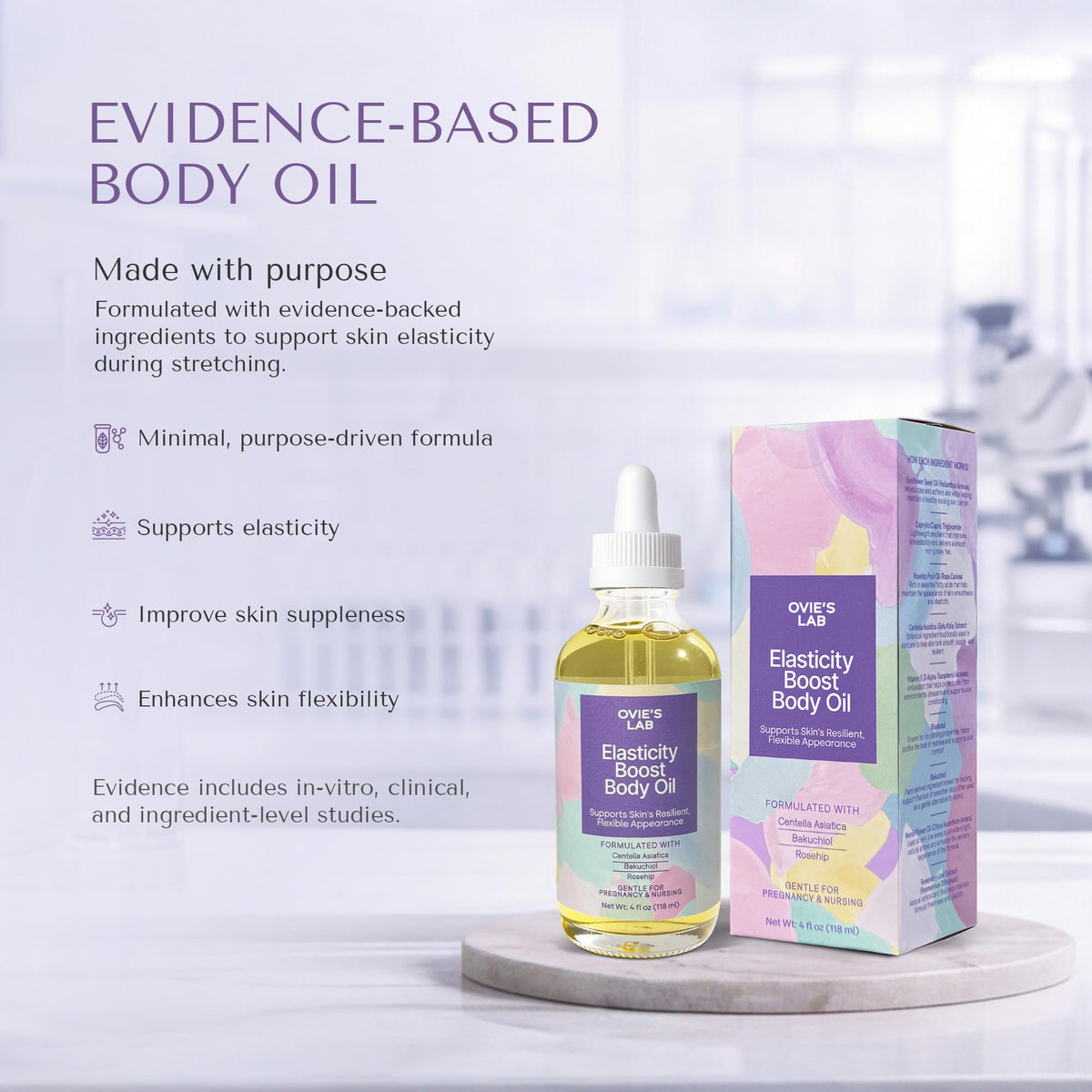 Ovie's Lab belly oil label closeup highlighting Centella Asiatica ingredient.