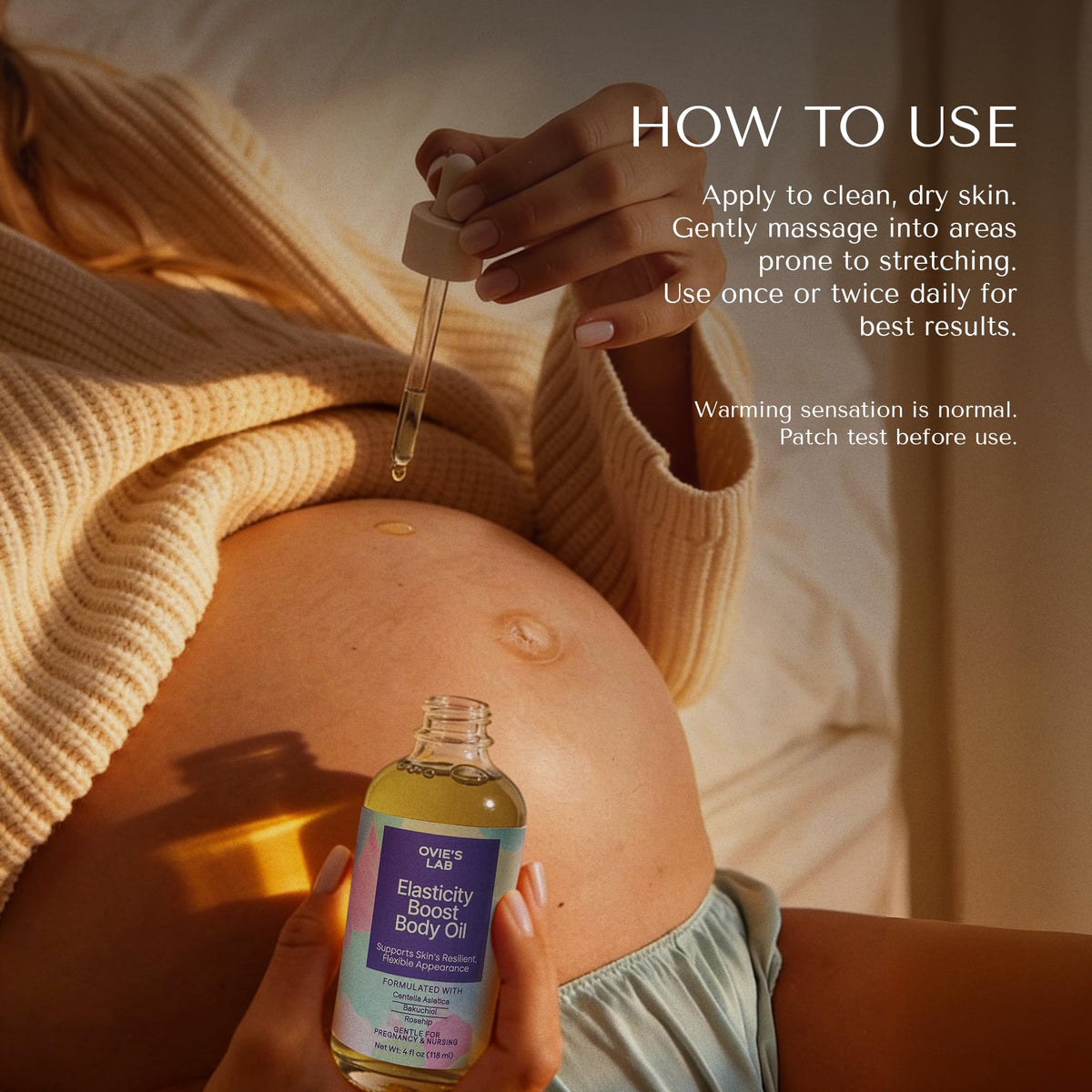 Ovie's Lab belly oil on stretch-prone belly area illustration.