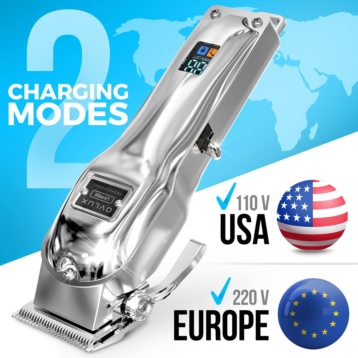 OVLUX clippers including 10 comb attachments for versatile cutting lengths