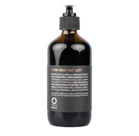 OWAY Silver Steel Hair Bath Shampoo bottle demonstrates a lightweight cleanse for daily hair care.