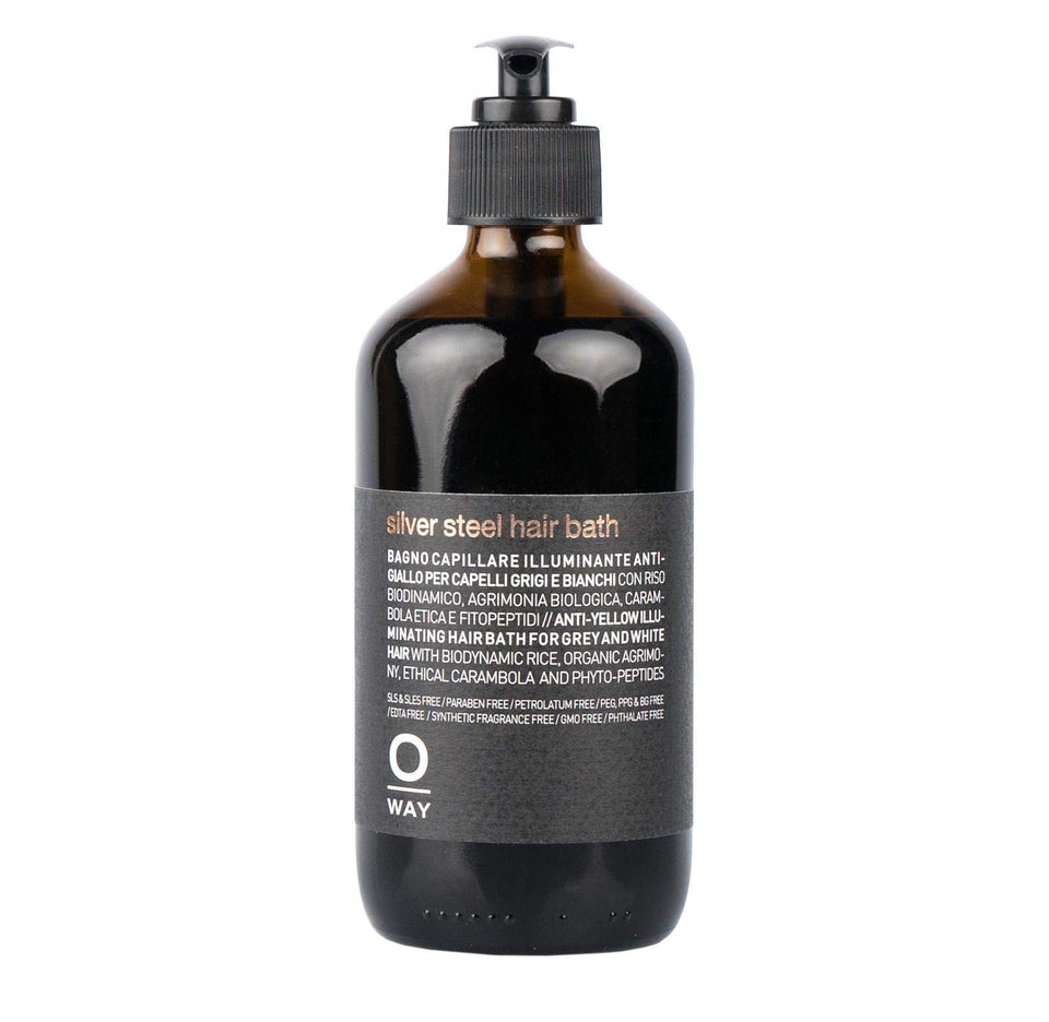 OWAY Silver Steel Hair Bath Shampoo bottle demonstrates a lightweight cleanse for daily hair care.