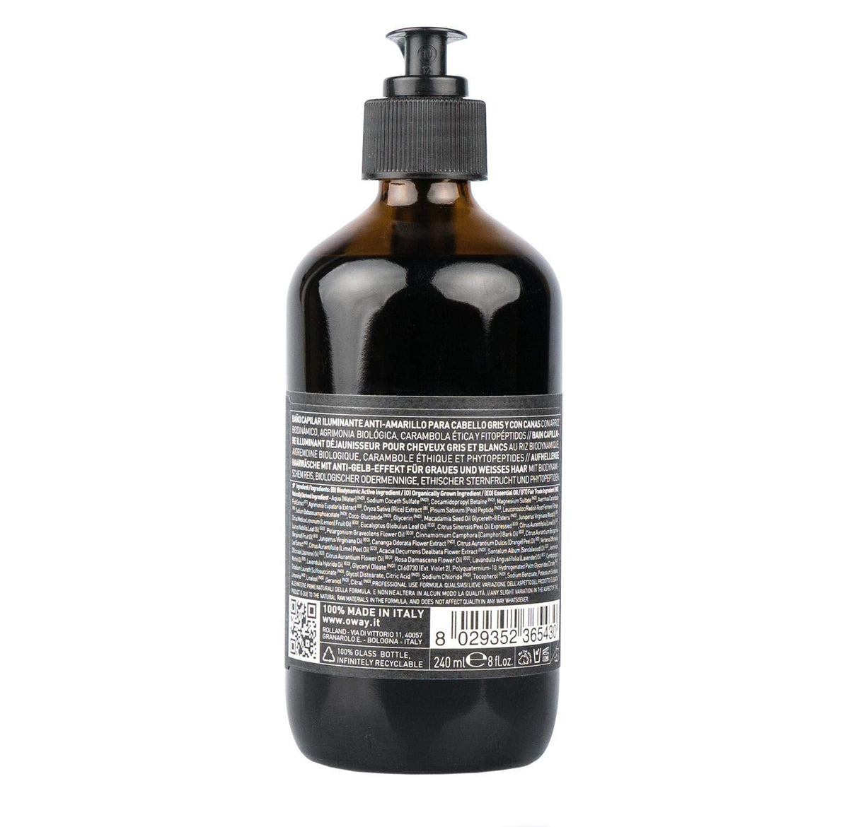 OWAY Silver Steel Hair Bath Shampoo close-up highlights gentle, lightweight formula for quick refreshment.