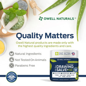 2 oz jar of OWELL Naturals Drawing Salve beside bikini line skincare setup