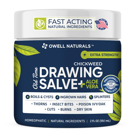 OWELL Naturals Drawing Salve bottle on shelf for skin care and soothing use