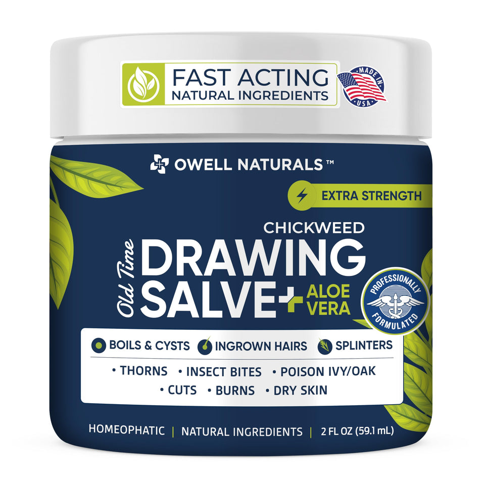 OWELL Naturals Drawing Salve bottle on shelf for skin care and soothing use