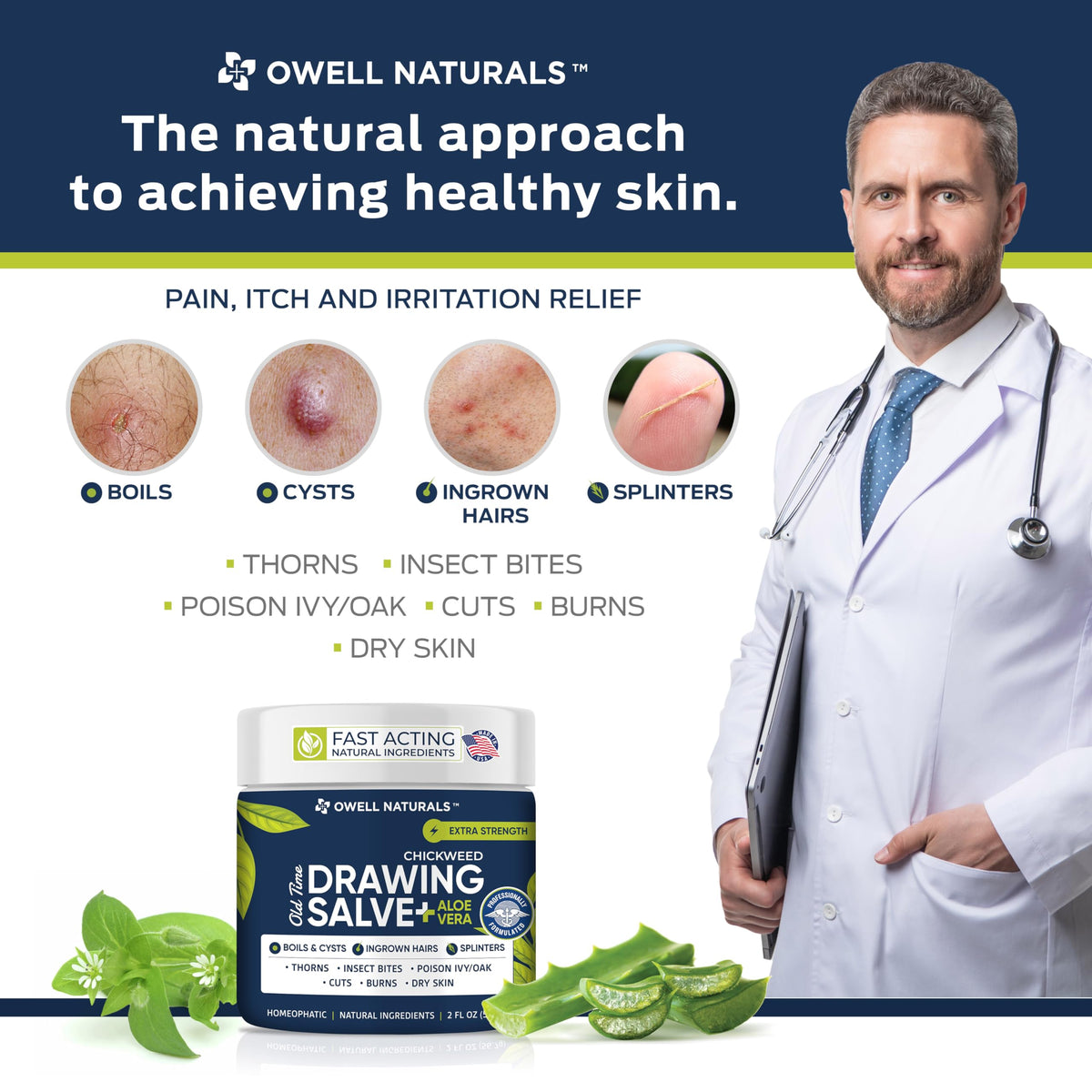 Close-up of OWELL Naturals Drawing Salve ingredients like chickweed and olive oil