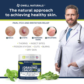 Close-up of OWELL Naturals Drawing Salve ingredients like chickweed and olive oil
