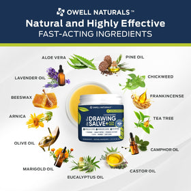 USA-made OWELL Naturals Drawing Salve jar with 2 oz size visible