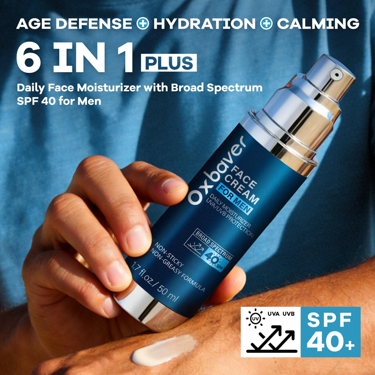 Oxbraver 6-in-1 face cream SPF 40 with fast absorption for all-day wear.