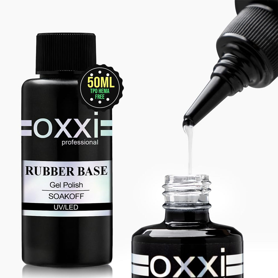 OXXI Professional rubber base bottle 50ml pour shows flexible wear and chip resistance.