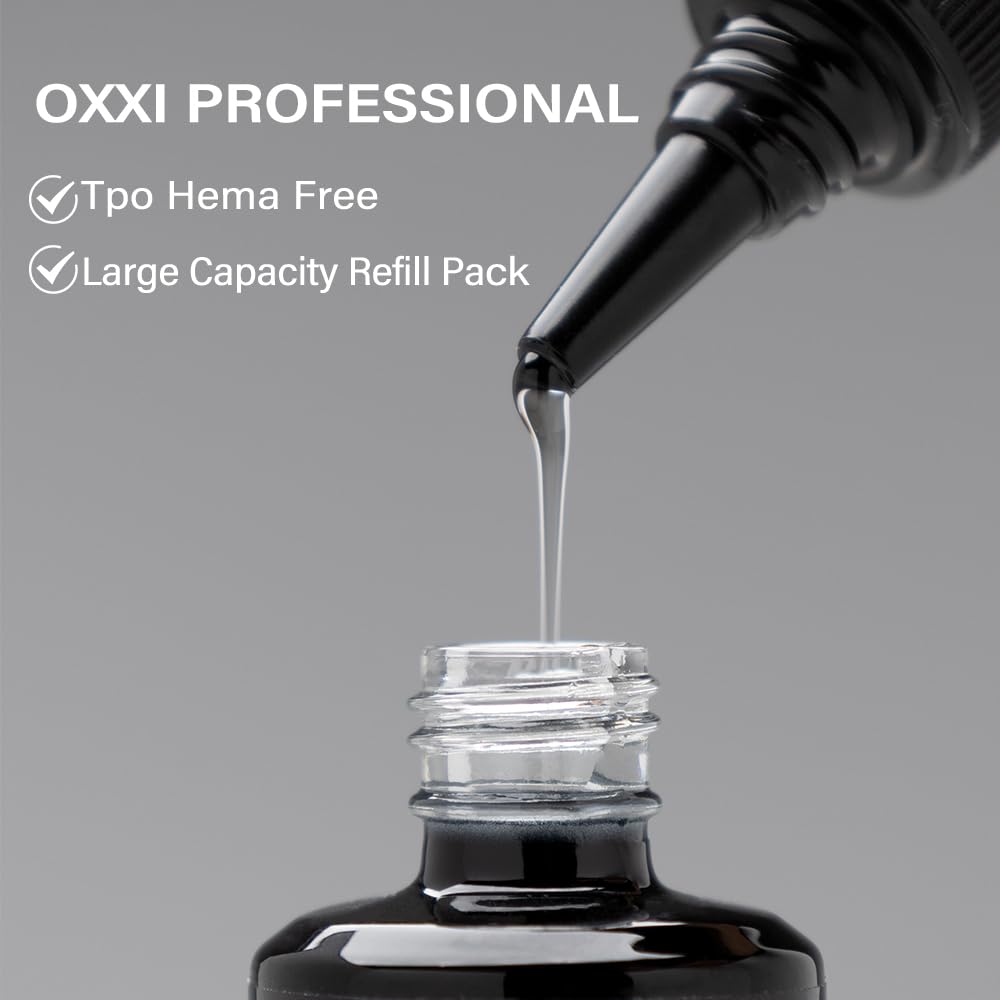 OXXI Professional rubber base brush application highlights easy self-leveling for smooth nails.