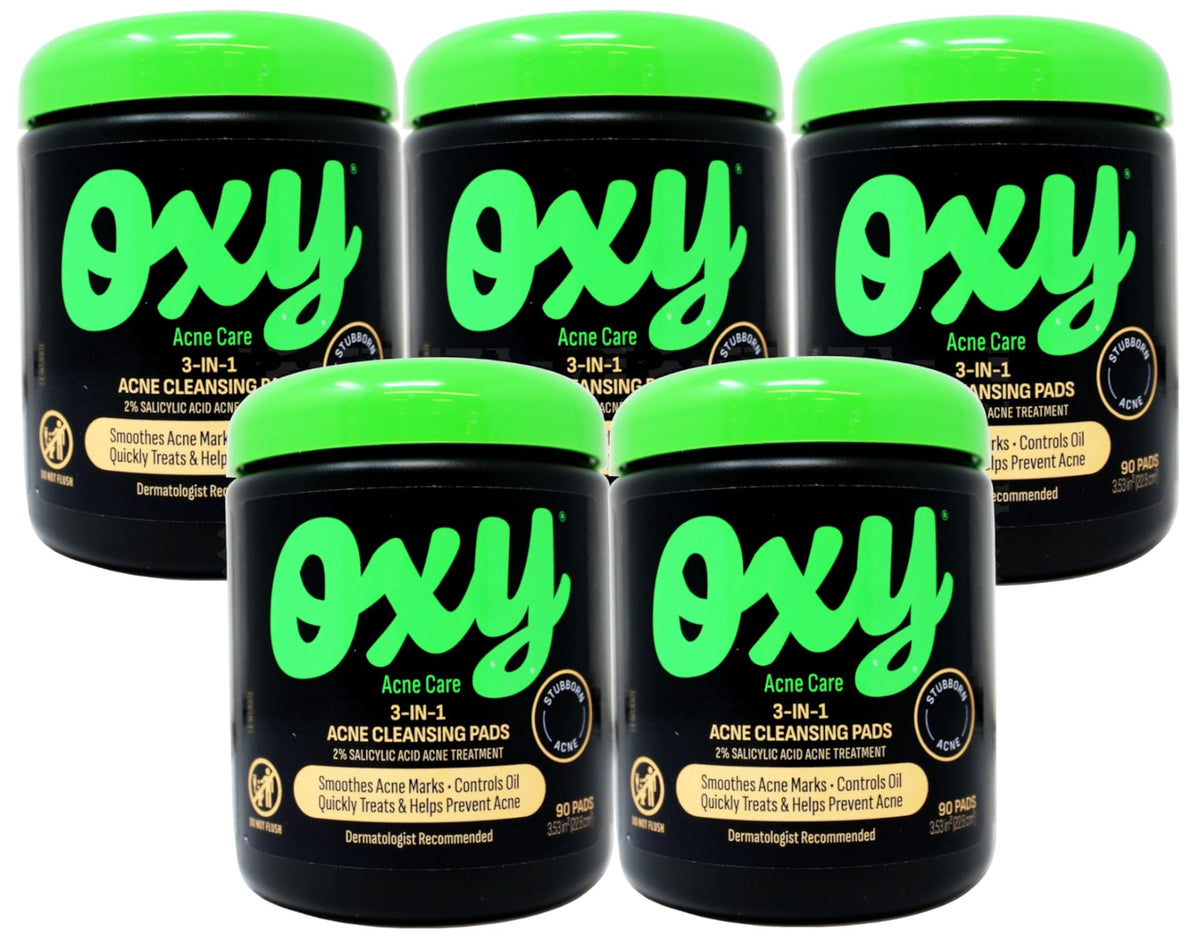 Oxy Acne Care pads front view in a five-pack, ready for daily acne care.
