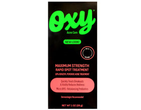 Oxy Maximum Strength Rapid Spot Treatment bottle side view with oil-free label.