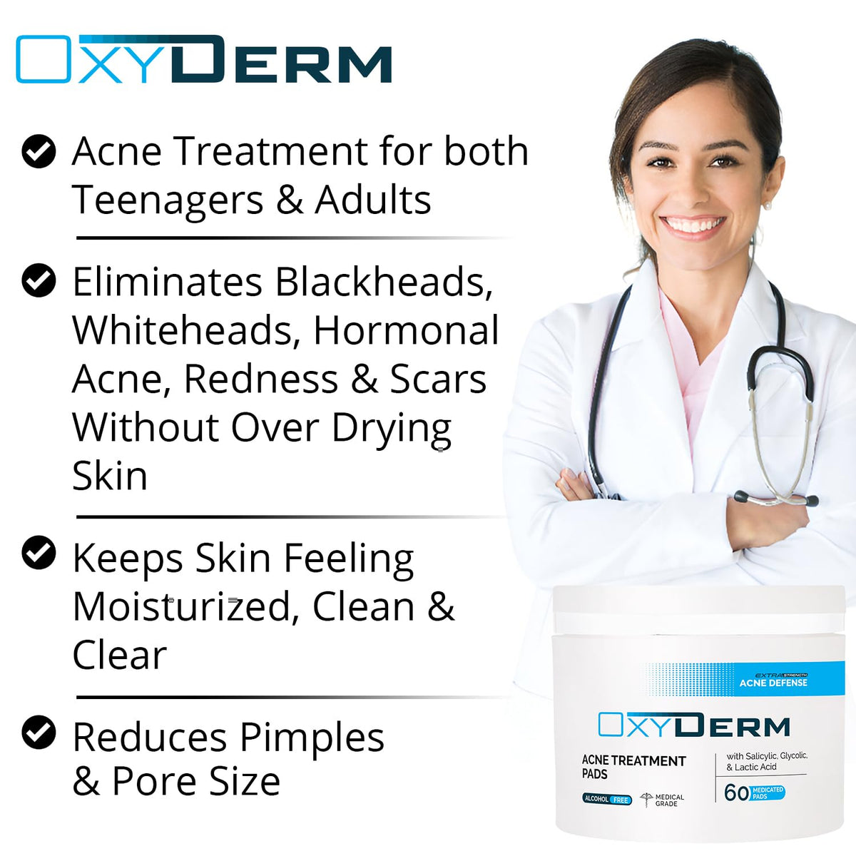 OxyDerm Acne Treatment Pads back label detail highlighting dermatologist-tested formula