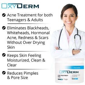 OxyDerm Acne Treatment Pads back label detail highlighting dermatologist-tested formula