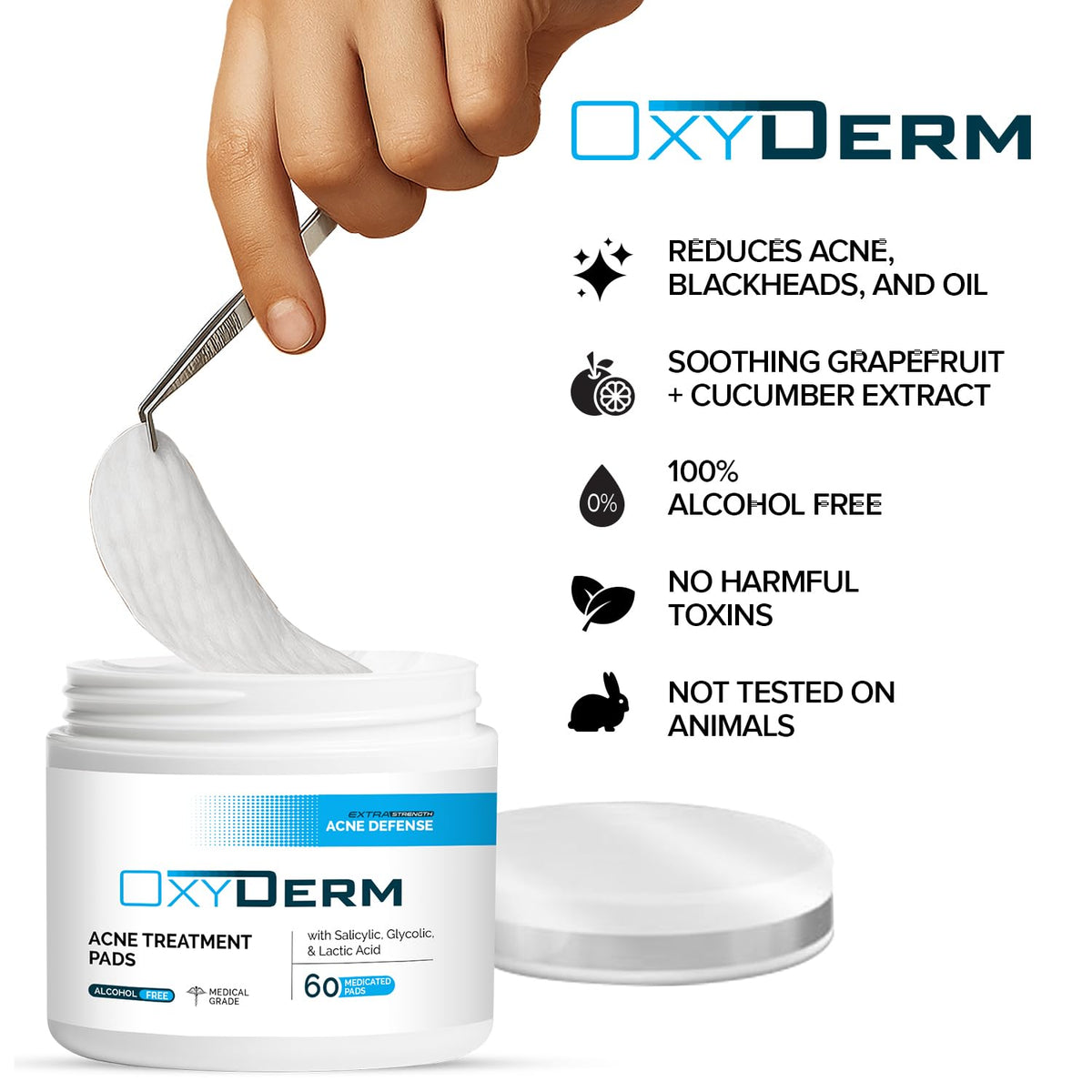 OxyDerm 60-count bottle designed for on-the-go, no rinsing needed