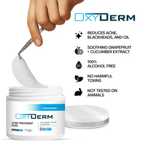 OxyDerm 60-count bottle designed for on-the-go, no rinsing needed