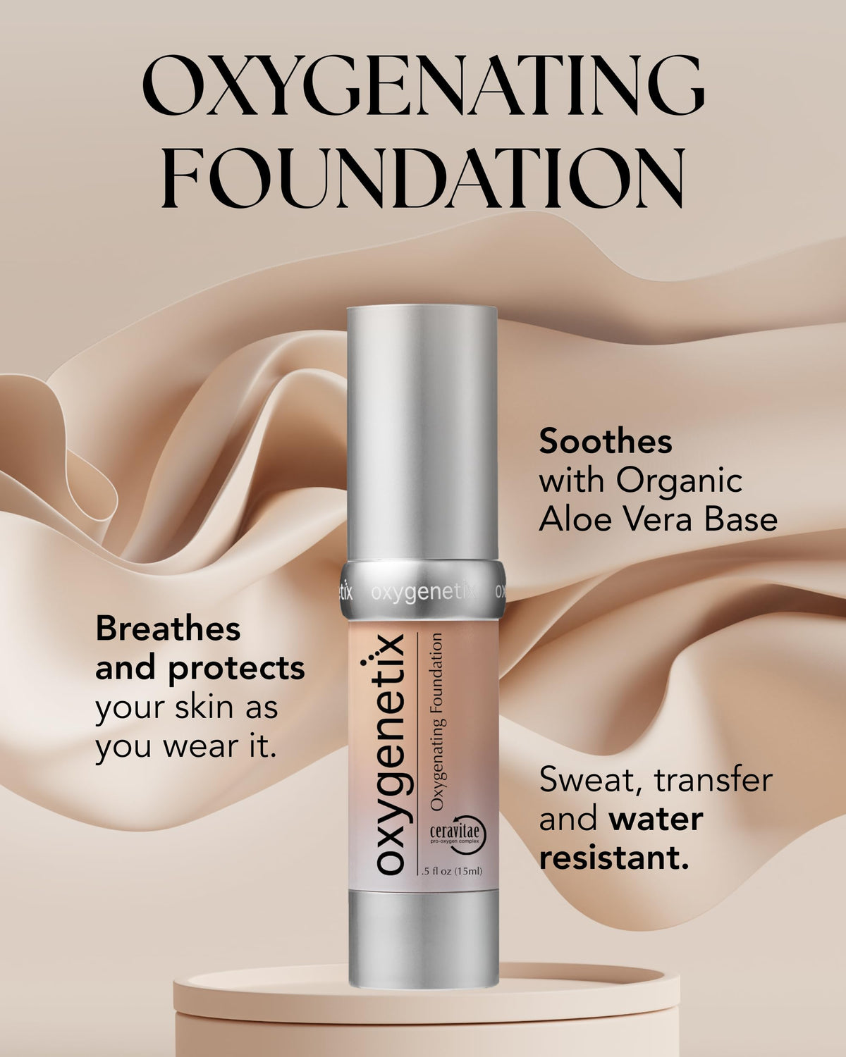 Oxygenetix Oxygenating Foundation airless pump packaging preserves formula freshness and hygiene.