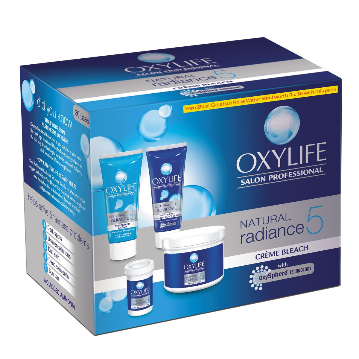 OxyLife Natural Radiance 5 Creme Bleach face packaging showing sleek container for easy home use.