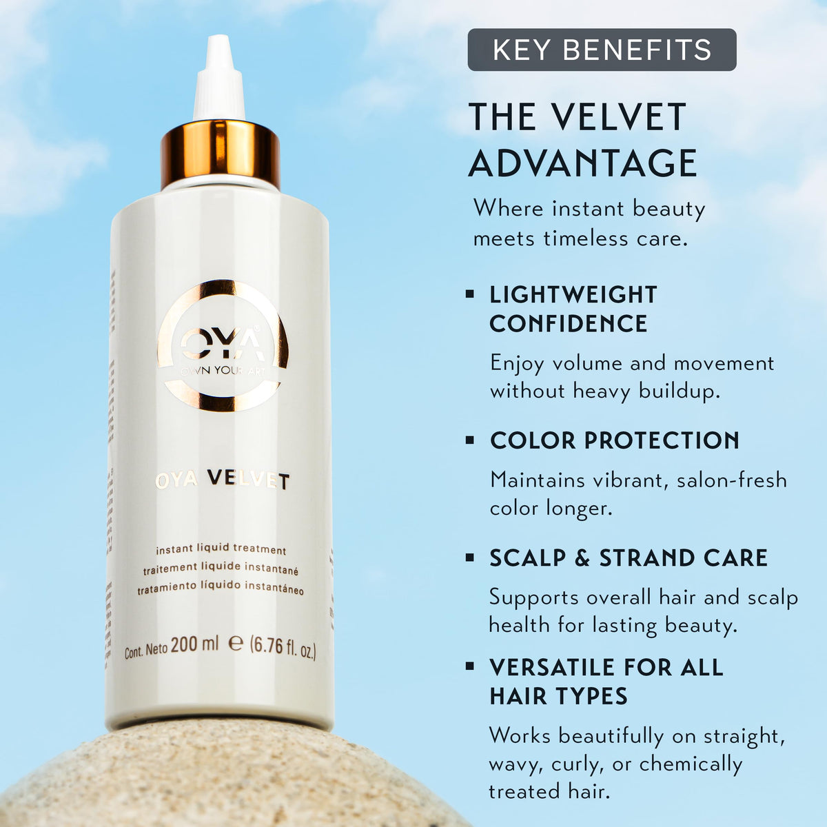 OYA Velvet Instant Hair Conditioner on hair with healthy shine.