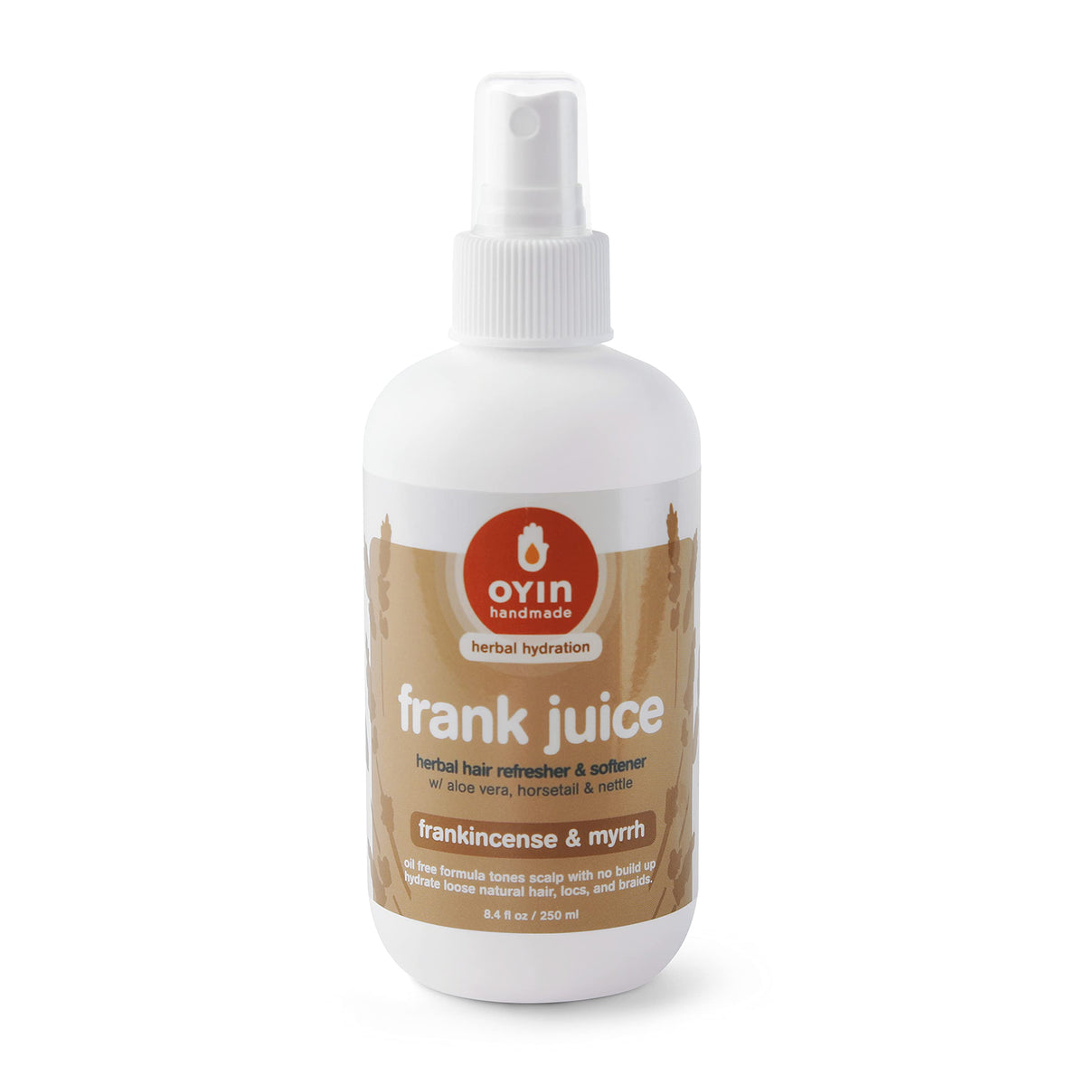 Oyin Handmade Frank Juice leave-in bottle highlighting herbal formula for softer curls.