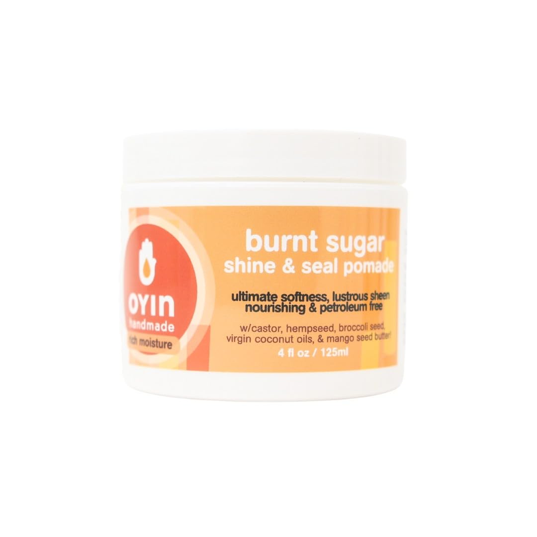 Oyin Handmade Burnt Sugar Pomade bottle showing glossy shine on hair