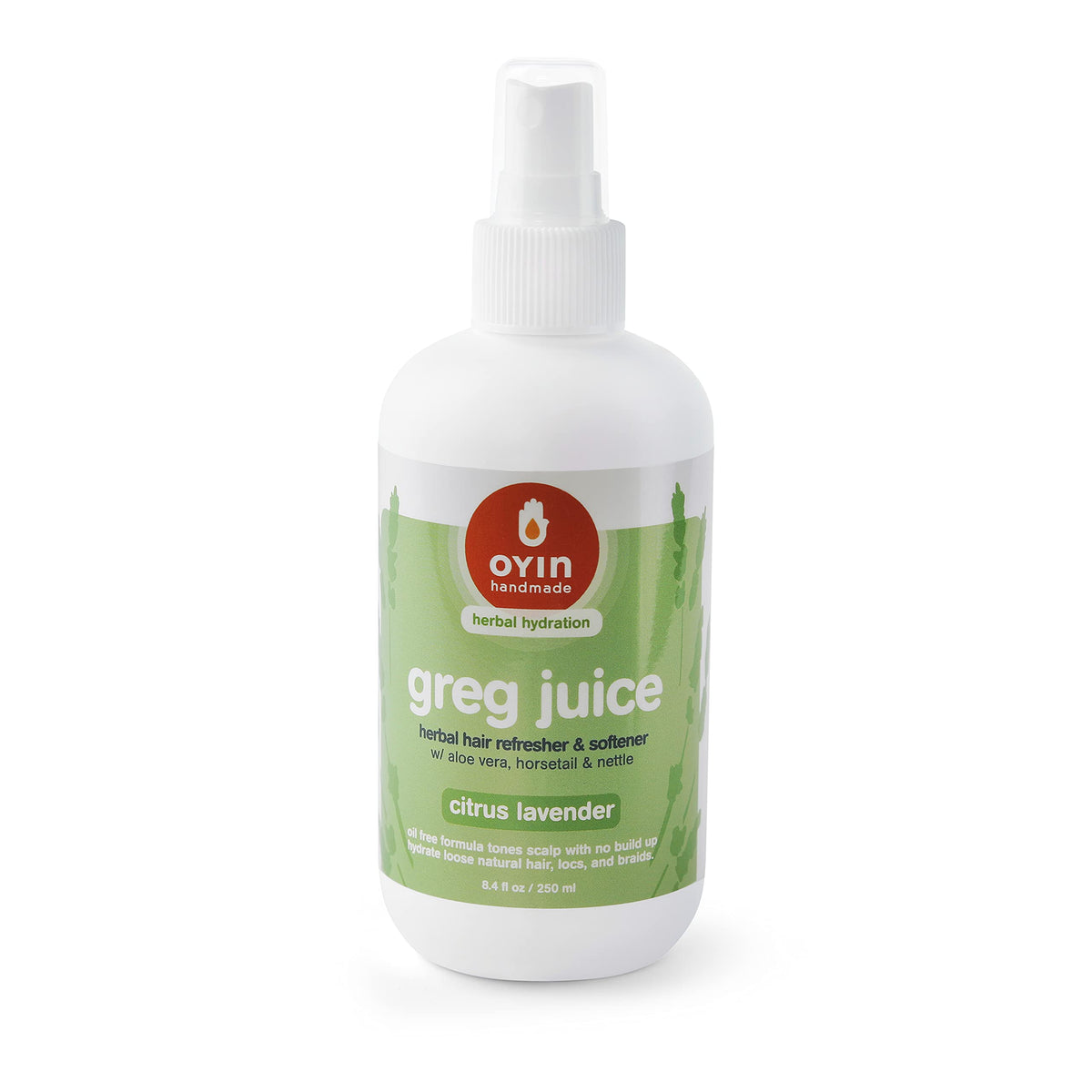 Oyin Handmade Greg Juice bottle pour demonstrates a gentle herbal leave-in for refreshing curly hair