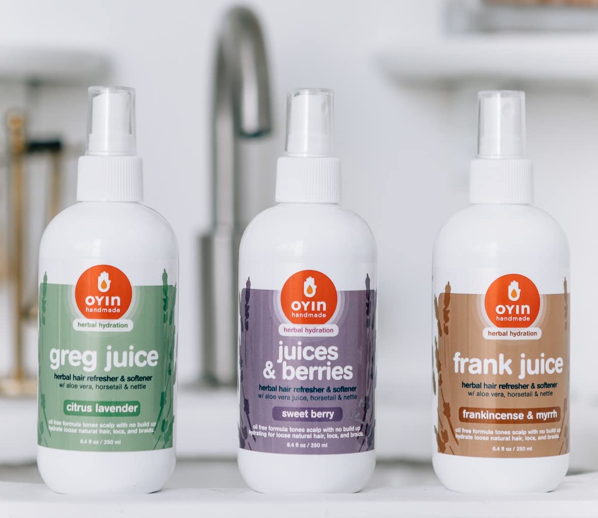 Oyin Handmade Greg Juice spray mist showing daily hydration for curls and sensitive scalp