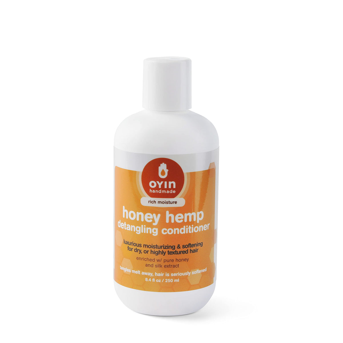 Oyin Handmade Honey Hemp Detangling Conditioner bottle shown for detangling and moisture.