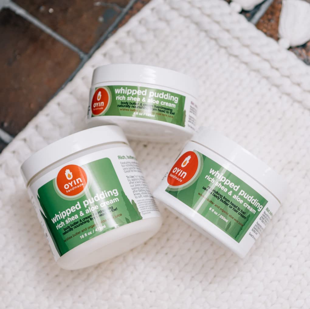 Oyin Handmade Whipped Pudding ingredients show shea and cocoa butter for lasting softness