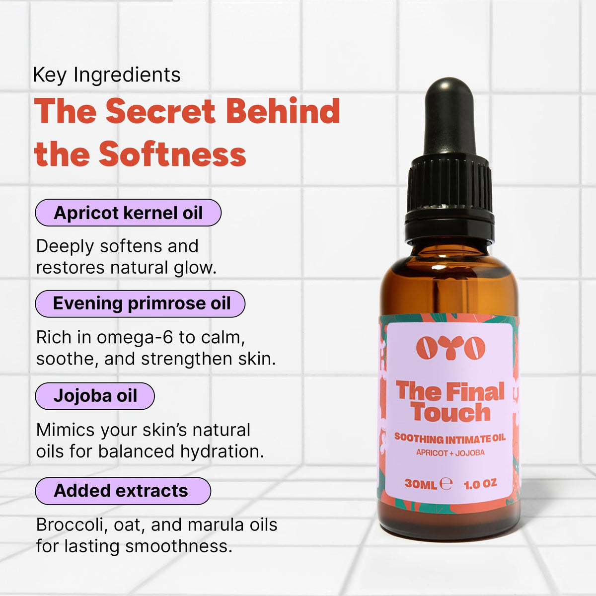 OYO The Final Touch ingredients-jojoba-marula highlight natural oils for gentle hydration