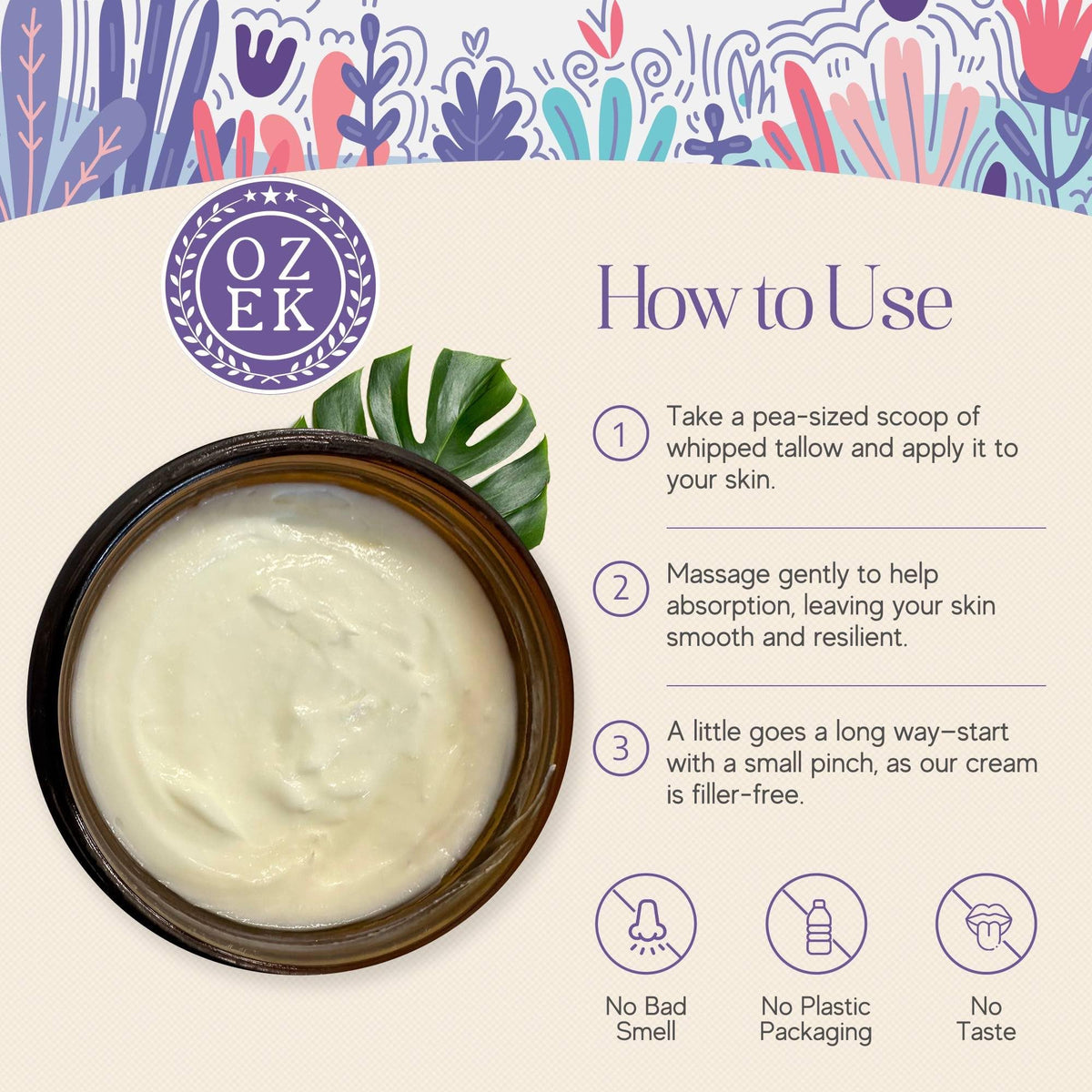 Ozek fast-absorbing formula hydrates dry skin without heaviness.