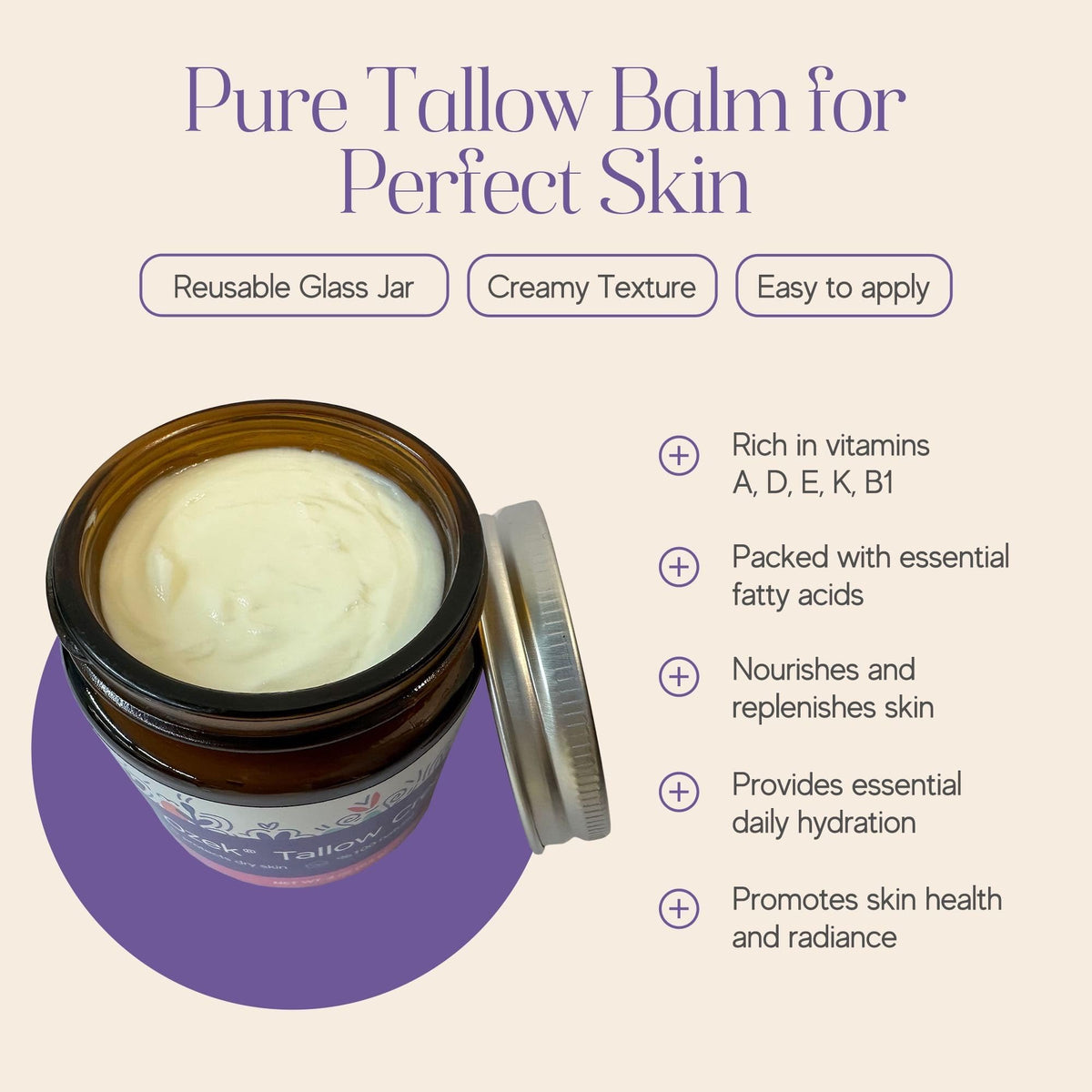 Ozek organic tallow with olive oil and calendula for gentle moisture.