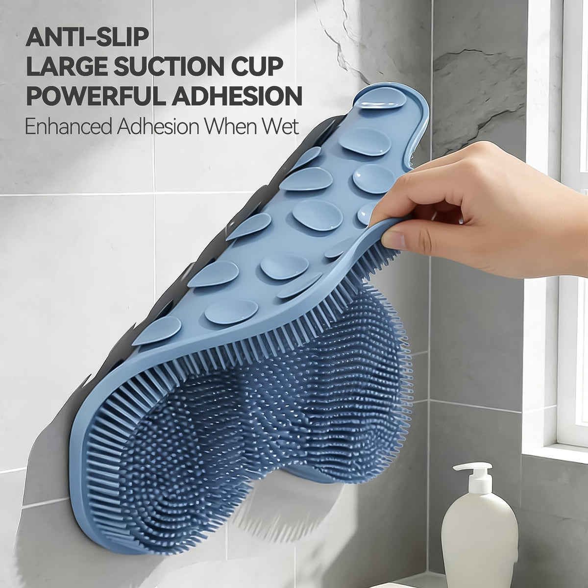 Ozner silicone scrubber can clean back and arms when wall-mounted.
