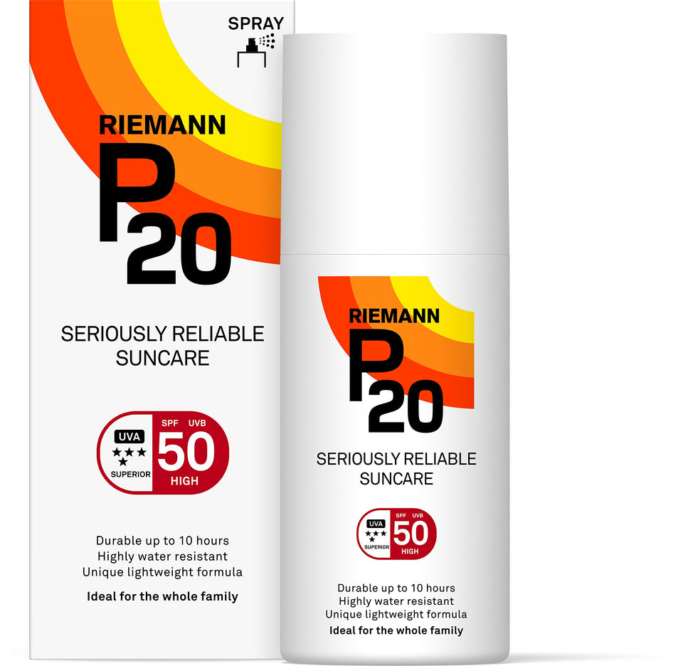 P20 Riemann Once a Day SPF50 sun spray bottle front for family protection
