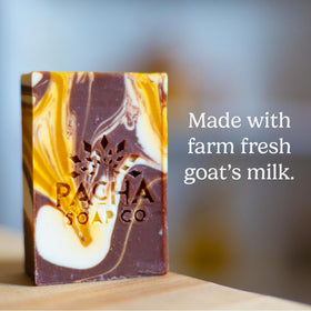 Pacha Soap Co Almond Goat Milk Bar Soap lather closeup shows rich moisturizing foam