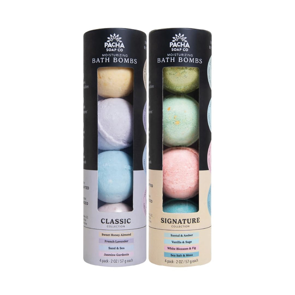 Pacha Soap Co bath bombs in front pack, gift-worthy presentation