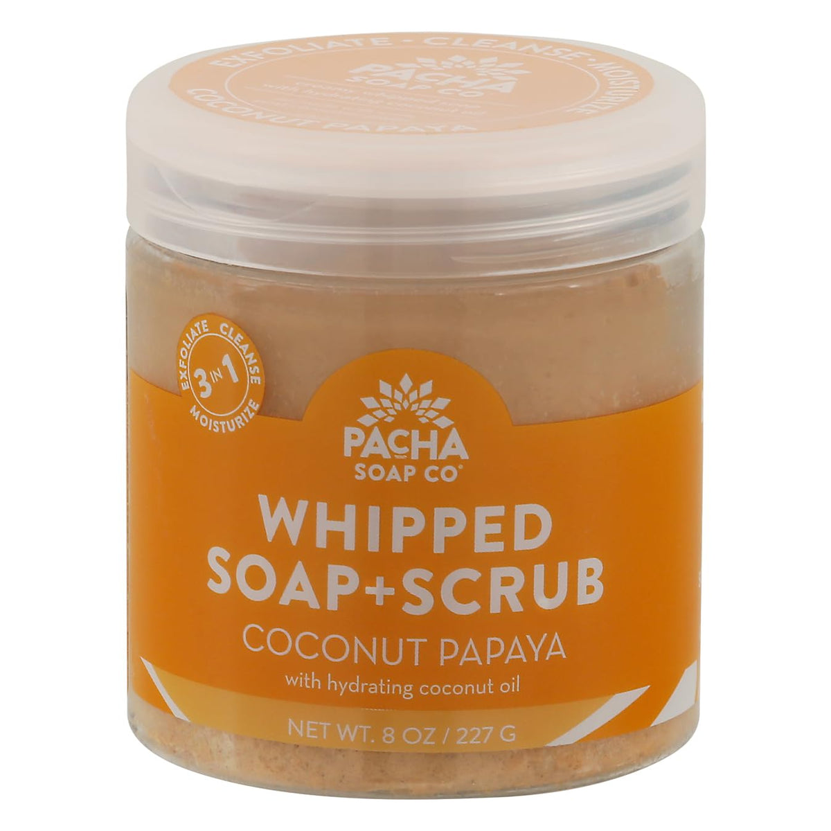 Pacha Soap Co Coconut Papaya whipped soap scrub in jar, cruelty-free exfoliating cleansing ritual.