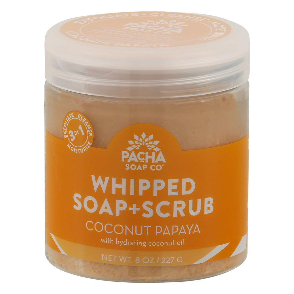 Pacha Soap Co Coconut Papaya whipped soap scrub in jar, cruelty-free exfoliating cleansing ritual.