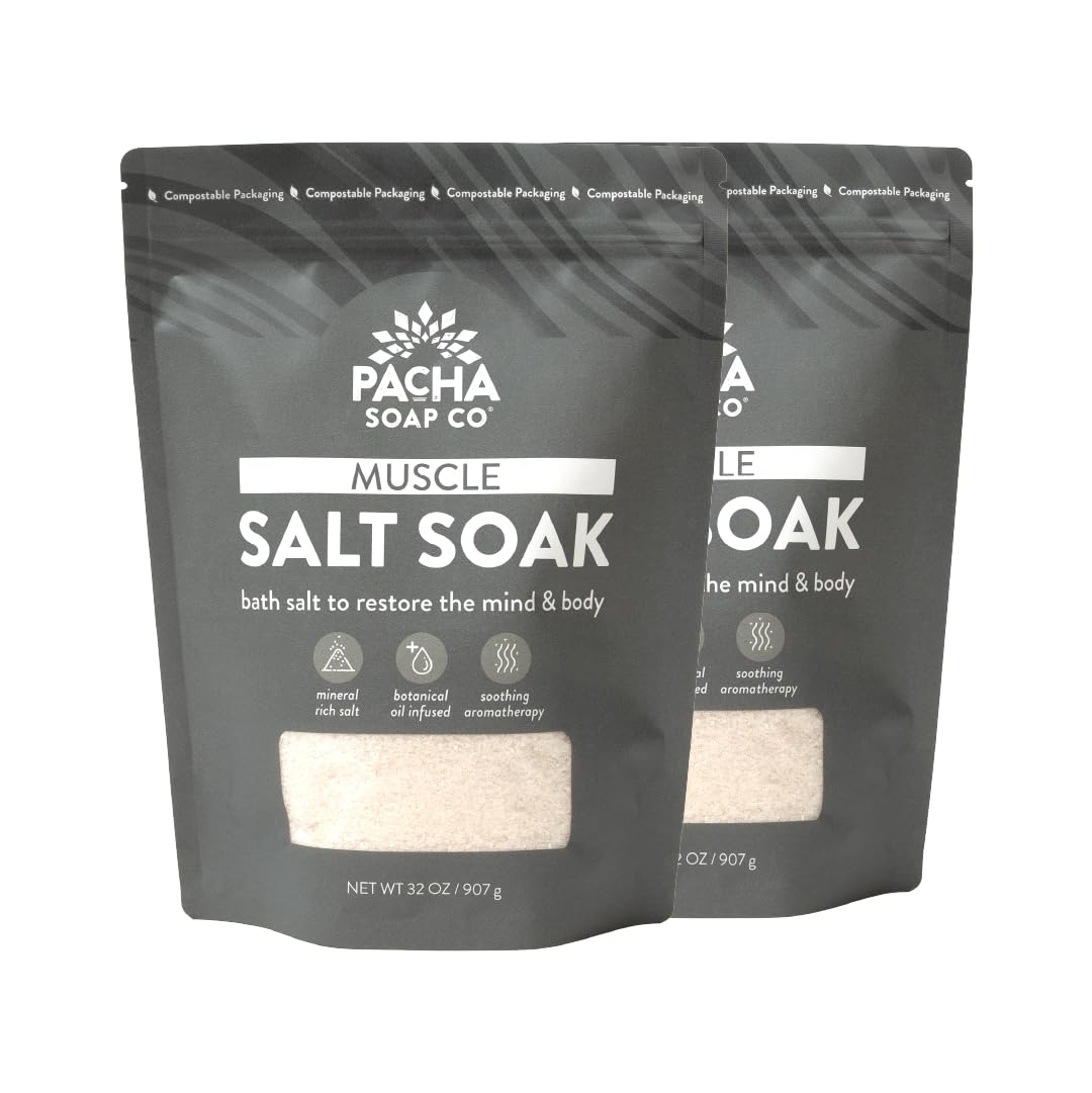 Pacha Soap Co muscle salt bath soak featuring arnica and calendula for soothing recovery after workouts.
